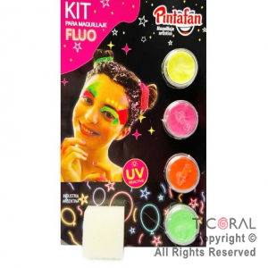 KIT MAQUILLAJE ARTISTICO FLUO AMARILLO FUCSIA NARANJA Y VERDE ( 8 GR) + ESPONJA